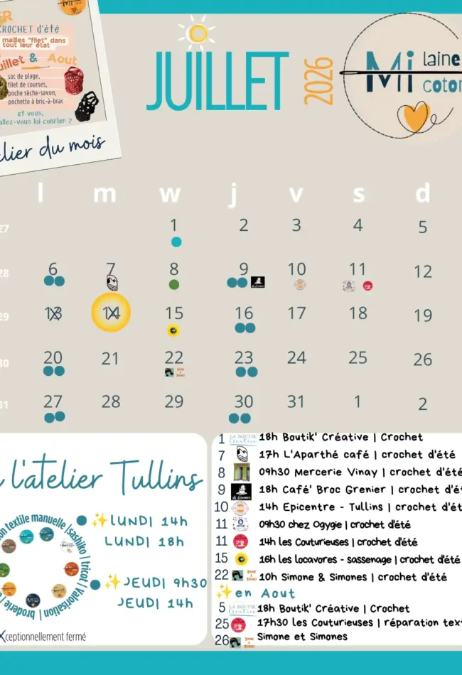 Juillet : Programme du mois par thème, jour, lieux et contacts